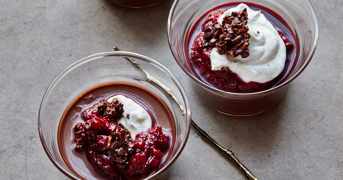 Vegan Chocolate Mousse With Candied Cacao Nibs and Cherry Compote | VegNews