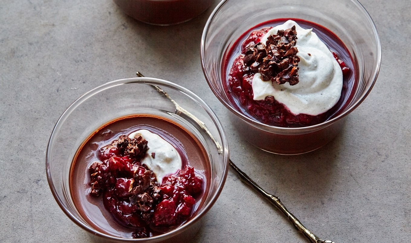 Vegan Chocolate Mousse With Candied Cacao Nibs and Cherry Compote