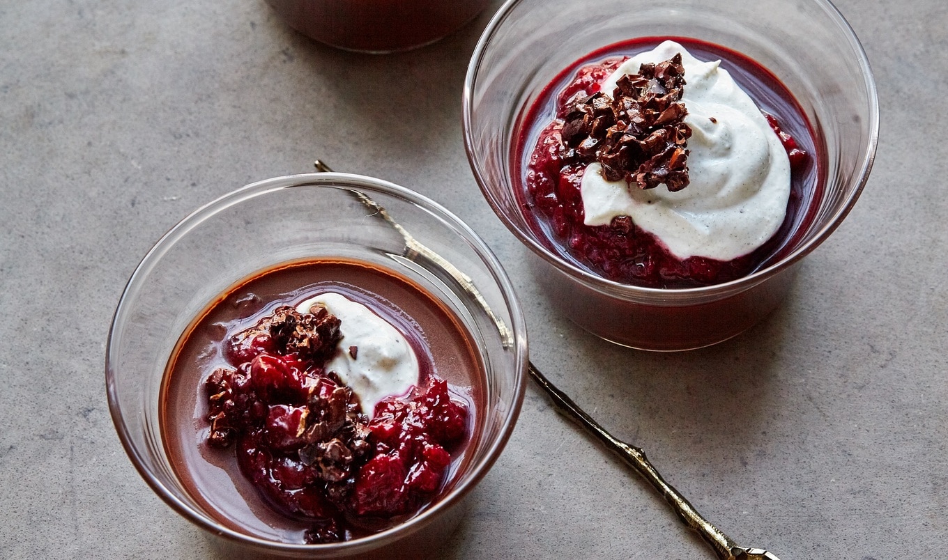 Vegan Chocolate Mousse With Candied Cacao Nibs and Cherry Compote