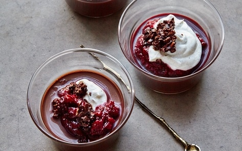 Vegan Chocolate Mousse with Candied Cacao Nibs &amp; Cherry Compote