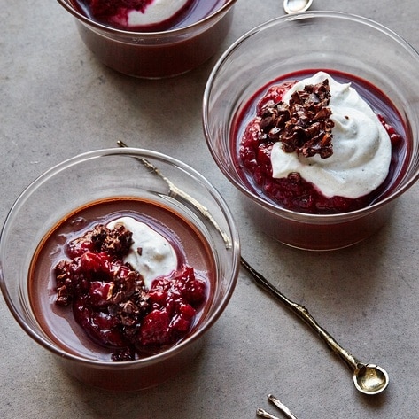 Vegan Chocolate Mousse With Candied Cacao Nibs and Cherry Compote