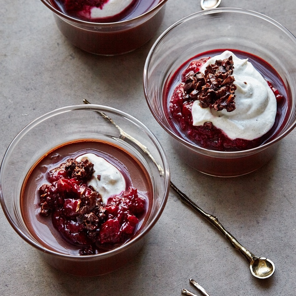 Vegan Chocolate Mousse With Candied Cacao Nibs and Cherry Compote