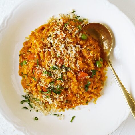 Italian-Inspired Vegan Carrot & Pea Farro Risotto