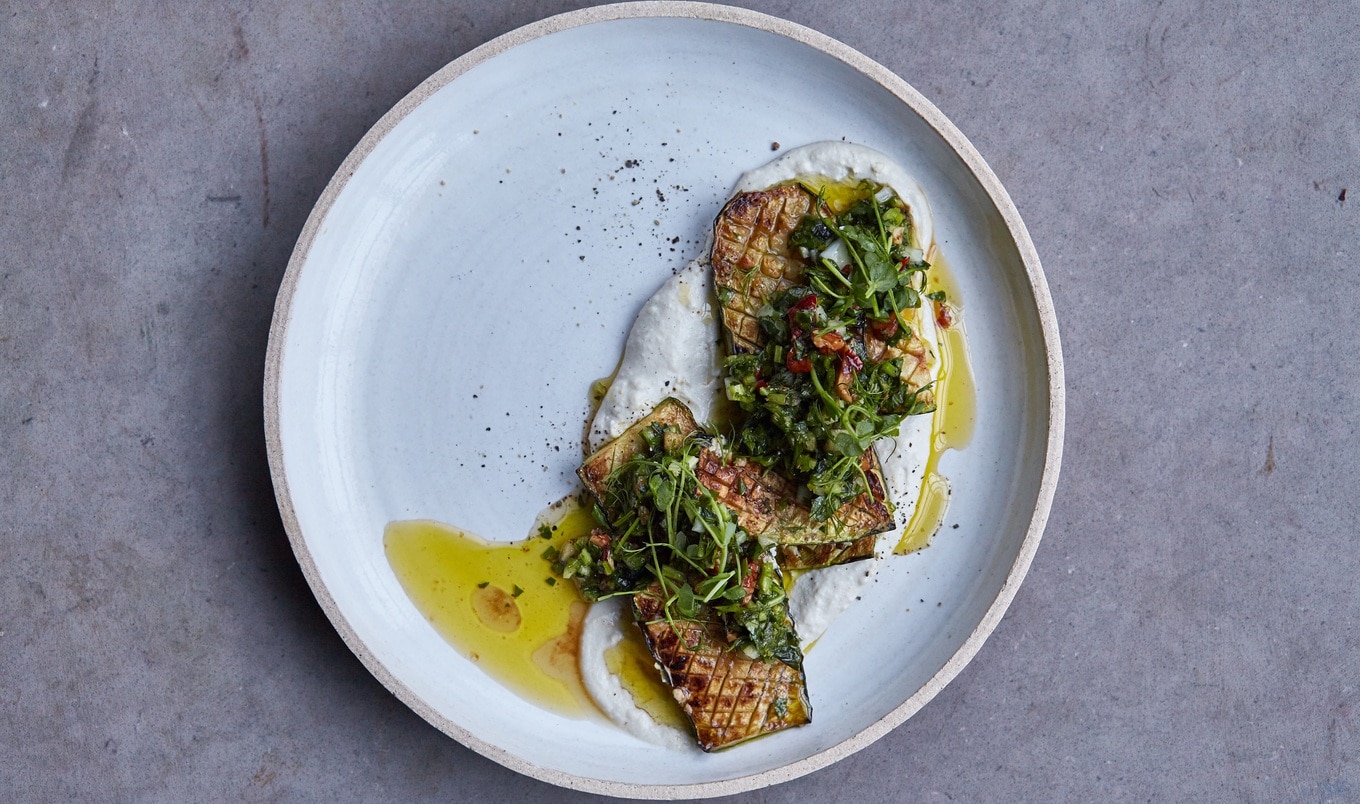 Vegan Sizzling Zucchini With Creamy Tzatziki and Vinegary Chimichurri