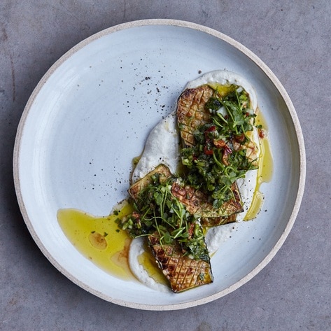 Vegan Sizzling Zucchini With Creamy Tzatziki and Vinegary Chimichurri