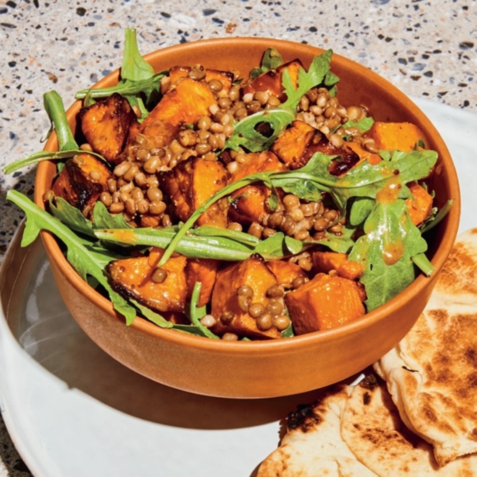 Vegan Warm Lentil, Sweet Potato, and Arugula Salad