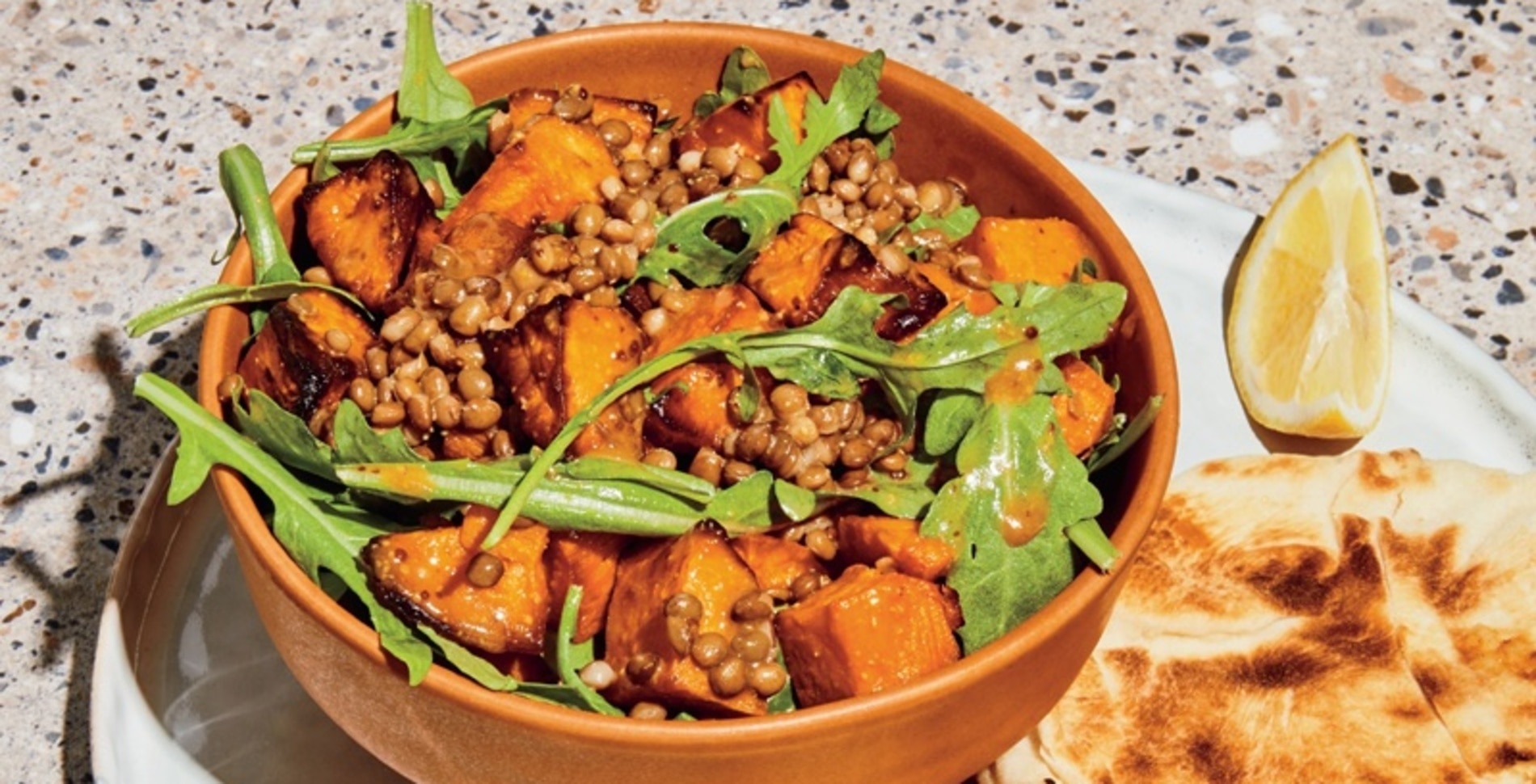 Warm Lentil, Sweet Potato, and Arugula Salad With Maple Mustard Dressing