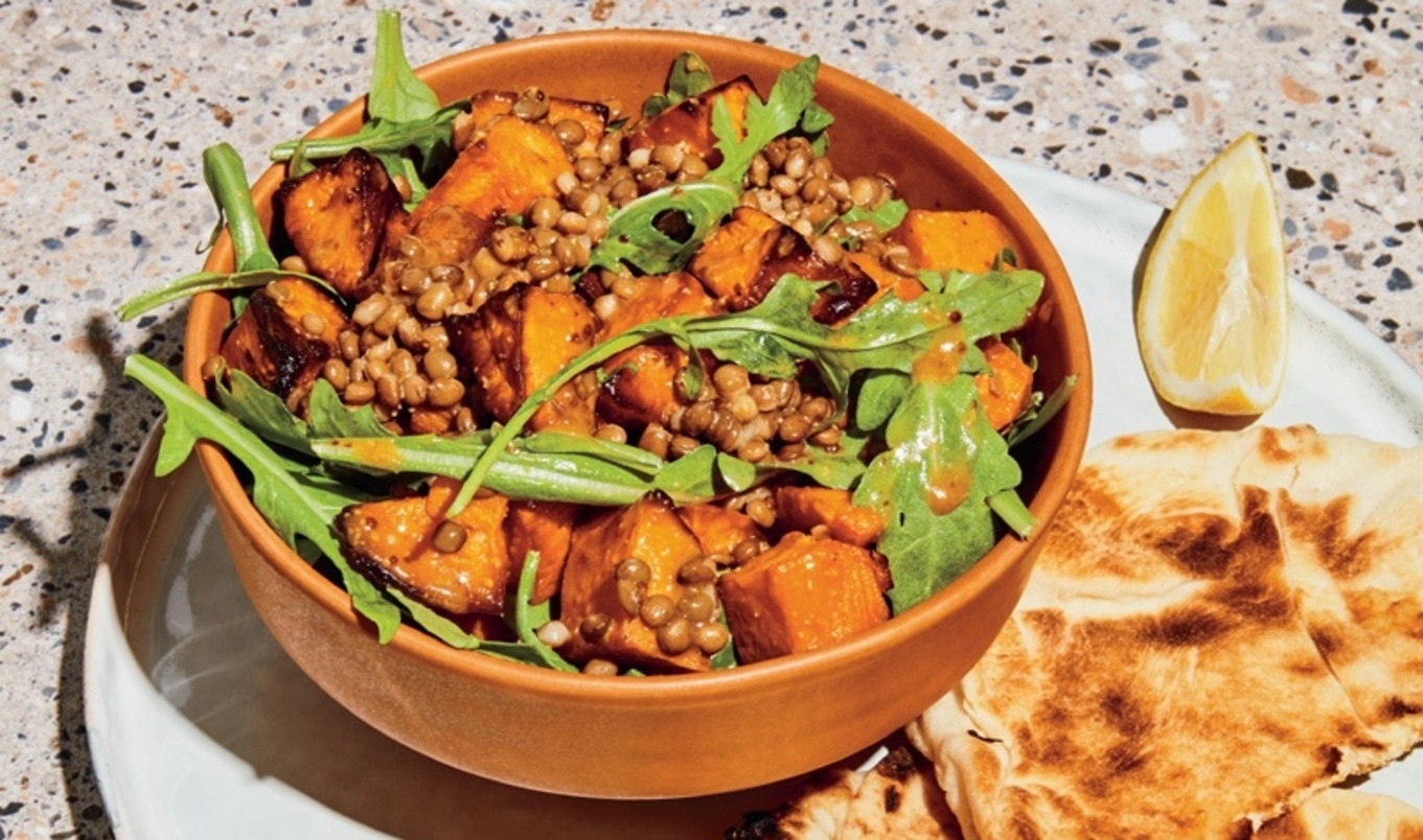 Warm Lentil, Sweet Potato, and Arugula Salad With Maple Mustard Dressing