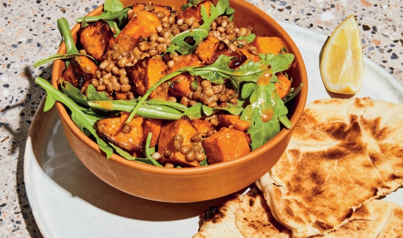 Vegan Warm Lentil, Sweet Potato, and Arugula Salad