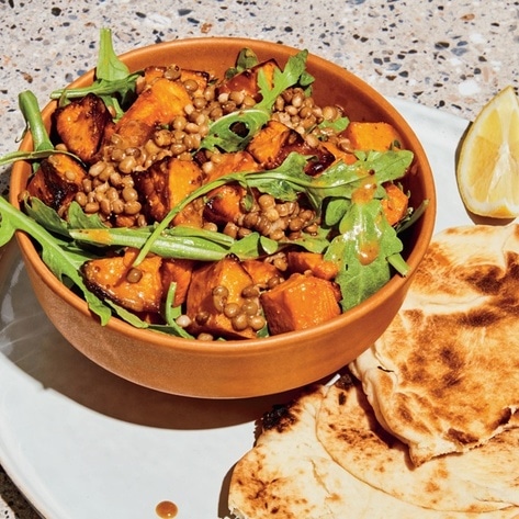 Vegan Warm Lentil, Sweet Potato, and Arugula Salad