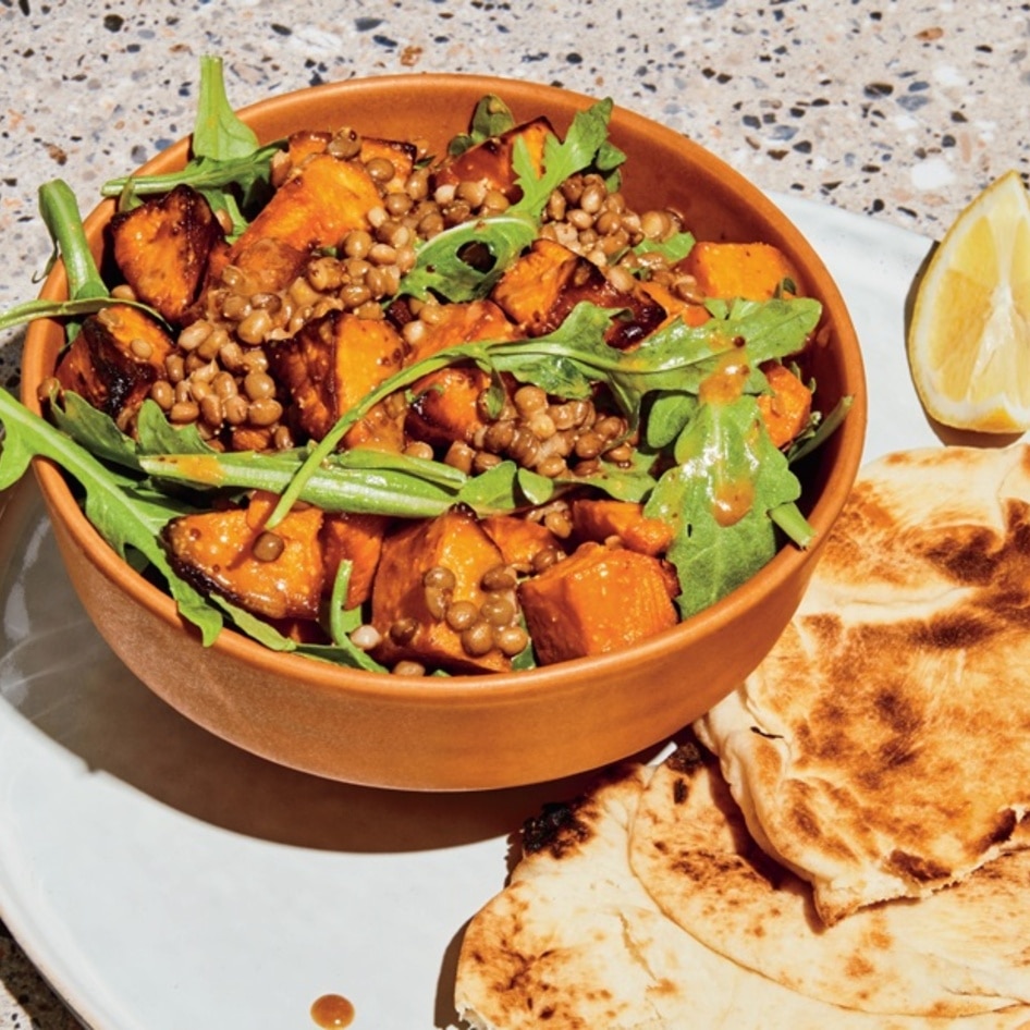 Vegan Warm Lentil, Sweet Potato, and Arugula Salad