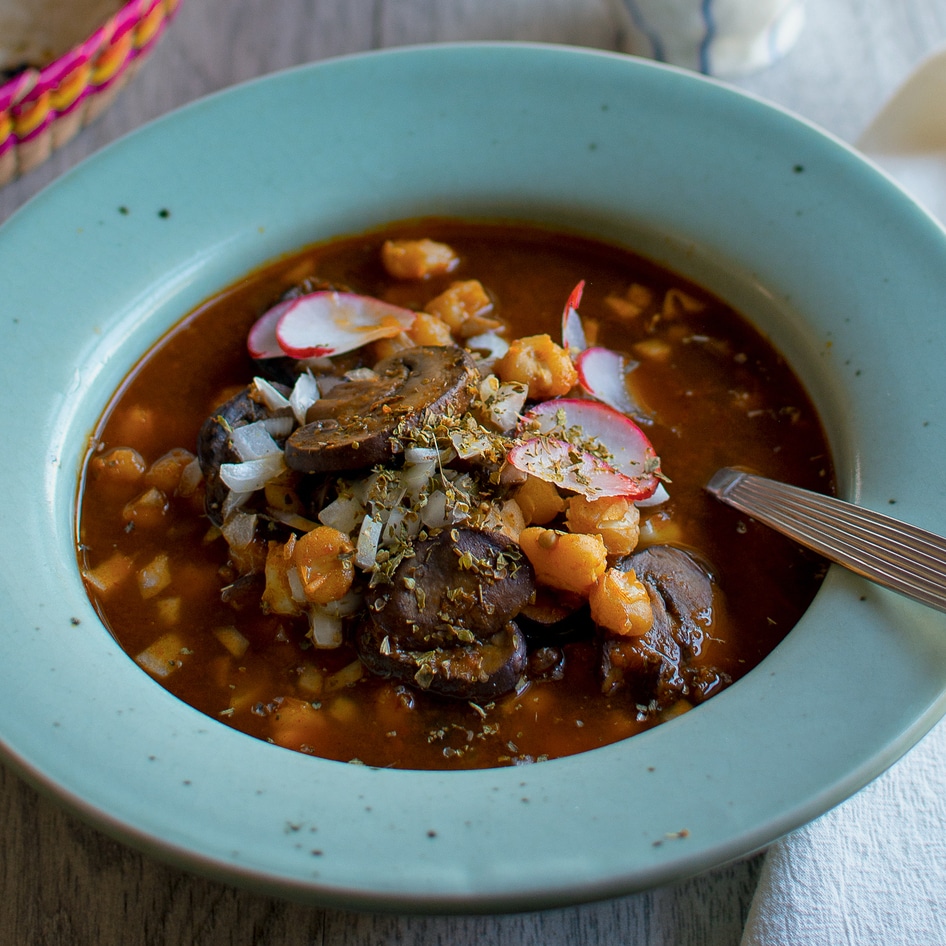 Vegan Instant Pot Red Pozole With Mushrooms and Hominy