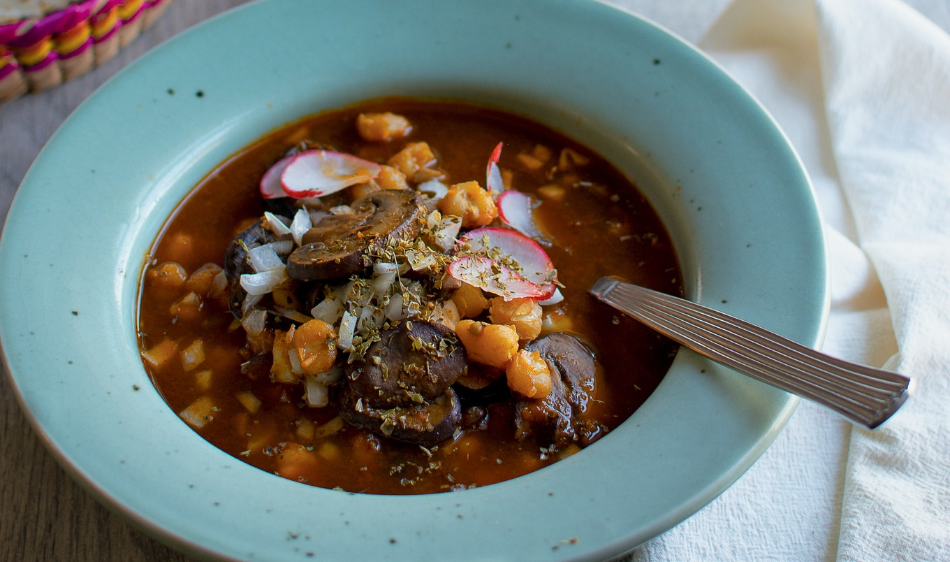 Vegan Instant Pot Red Pozole With Mushrooms and Hominy