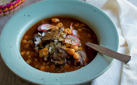 Vegan Instant Pot Red Pozole with Mushrooms and Hominy