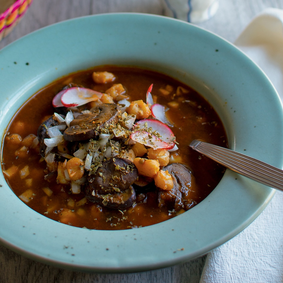 Vegan Instant Pot Red Pozole With Mushrooms and Hominy