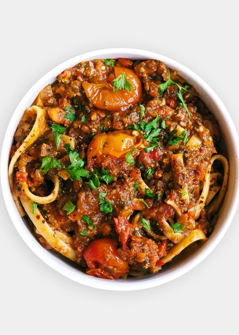Hearty Vegan Mushroom Bolognese with Fettuccine
