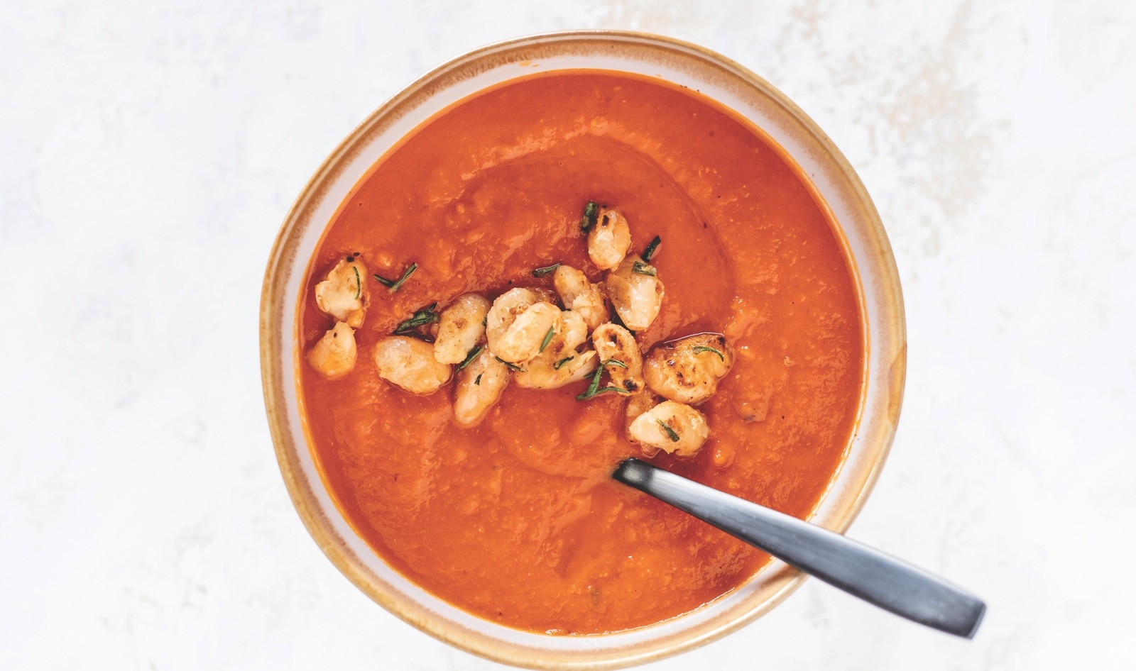 Tuscan Red Pepper and White Bean Soup With Crispy Fried White Beans