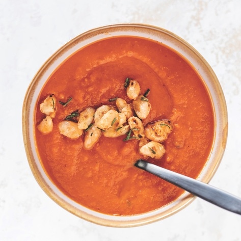 Vegan Tuscan Red Pepper &amp; White Bean Soup With Crispy Fried White Beans