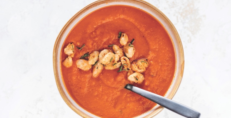 Vegan Tuscan Red Pepper &amp; White Bean Soup with Crispy Fried White Beans
