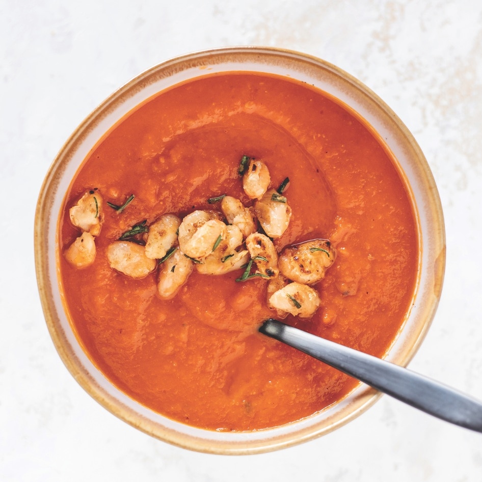 Vegan Tuscan Red Pepper and White Bean Soup With Crispy Fried White Beans