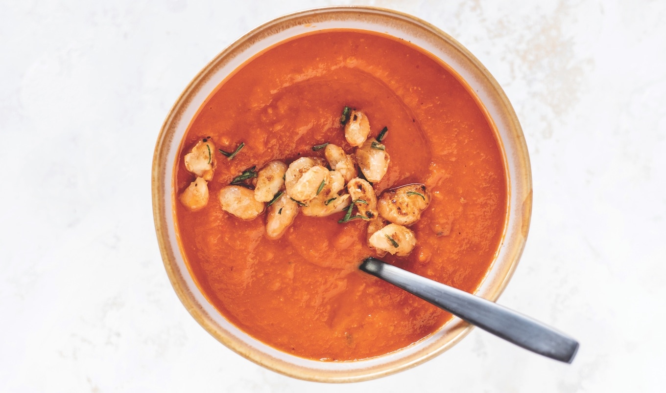 Vegan Tuscan Red Pepper and White Bean Soup With Crispy Fried White Beans