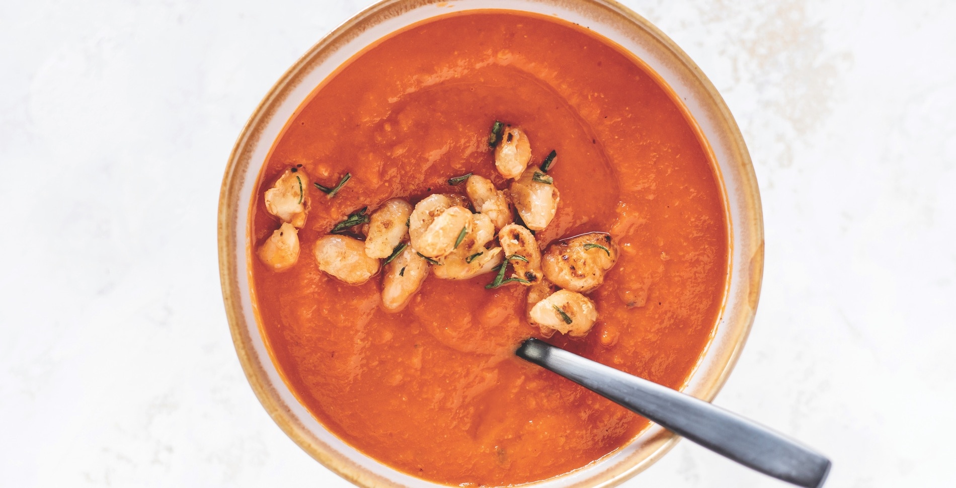 Tuscan Red Pepper and White Bean Soup With Crispy Fried White Beans