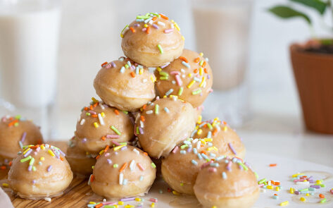 Vegan Glazed Vanilla Doughnut Holes with Funfetti Sprinkles