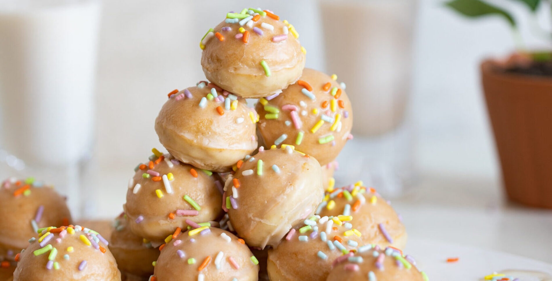 Glazed Vegan Vanilla Doughnut Holes With Funfetti Sprinkles