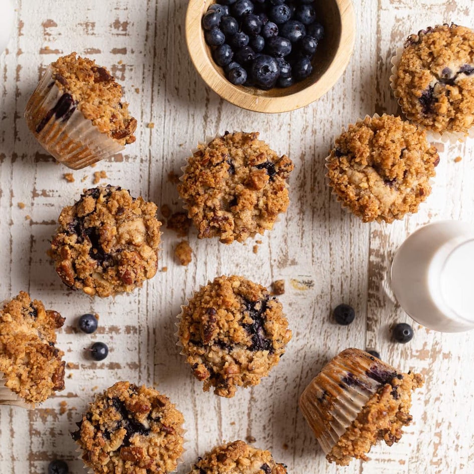 Vegan Banana Blueberry Pecan Crumble Muffins