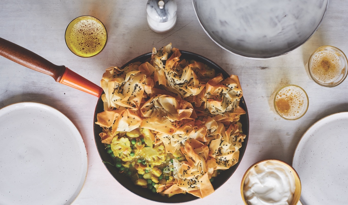 Vegan Frying Pan Samosa Pie With Potatoes and Cauliflower 