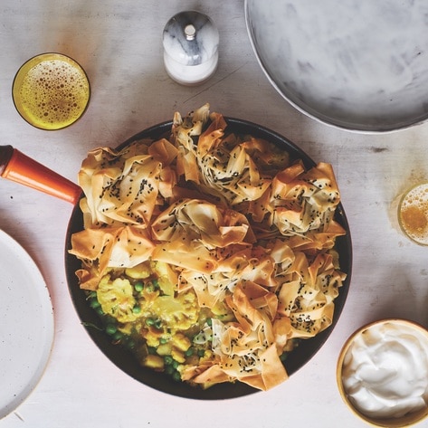 Vegan Frying Pan Samosa Pie With Potatoes and Cauliflower 