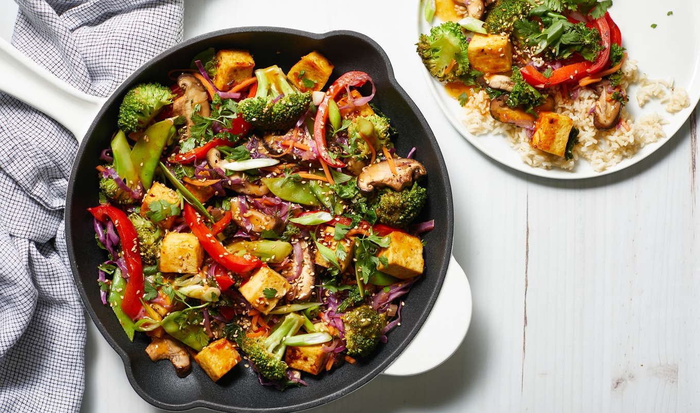 Oil-Free Vegan Sweet Chili Tofu Broccoli Mushroom Stir-Fry 