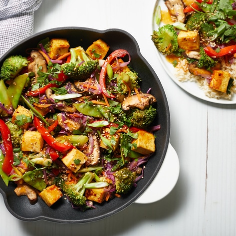 Oil-Free Vegan Sweet Chili Tofu Broccoli Mushroom Stir-Fry 