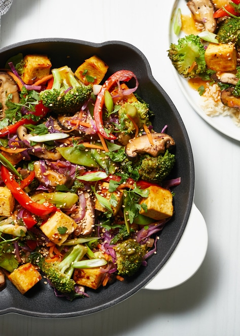 Oil-Free Vegan Sweet Chili Tofu-Broccoli-Mushroom Stir-Fry&nbsp;