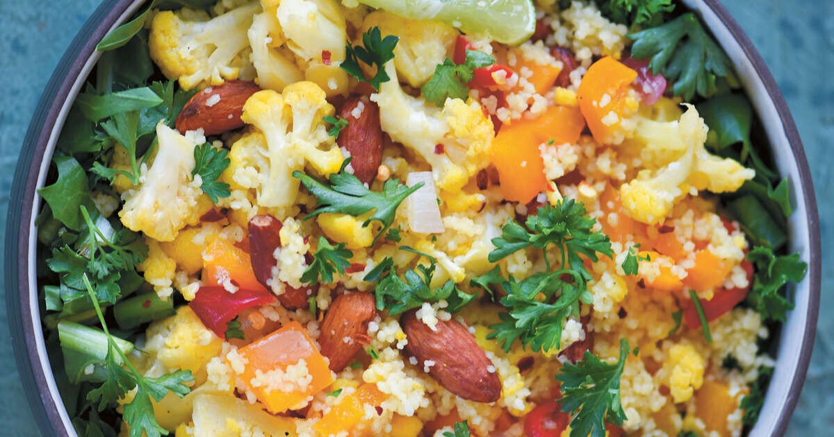 Chili-Lime Cauliflower Bowl With Couscous and Collard Greens | VegNews