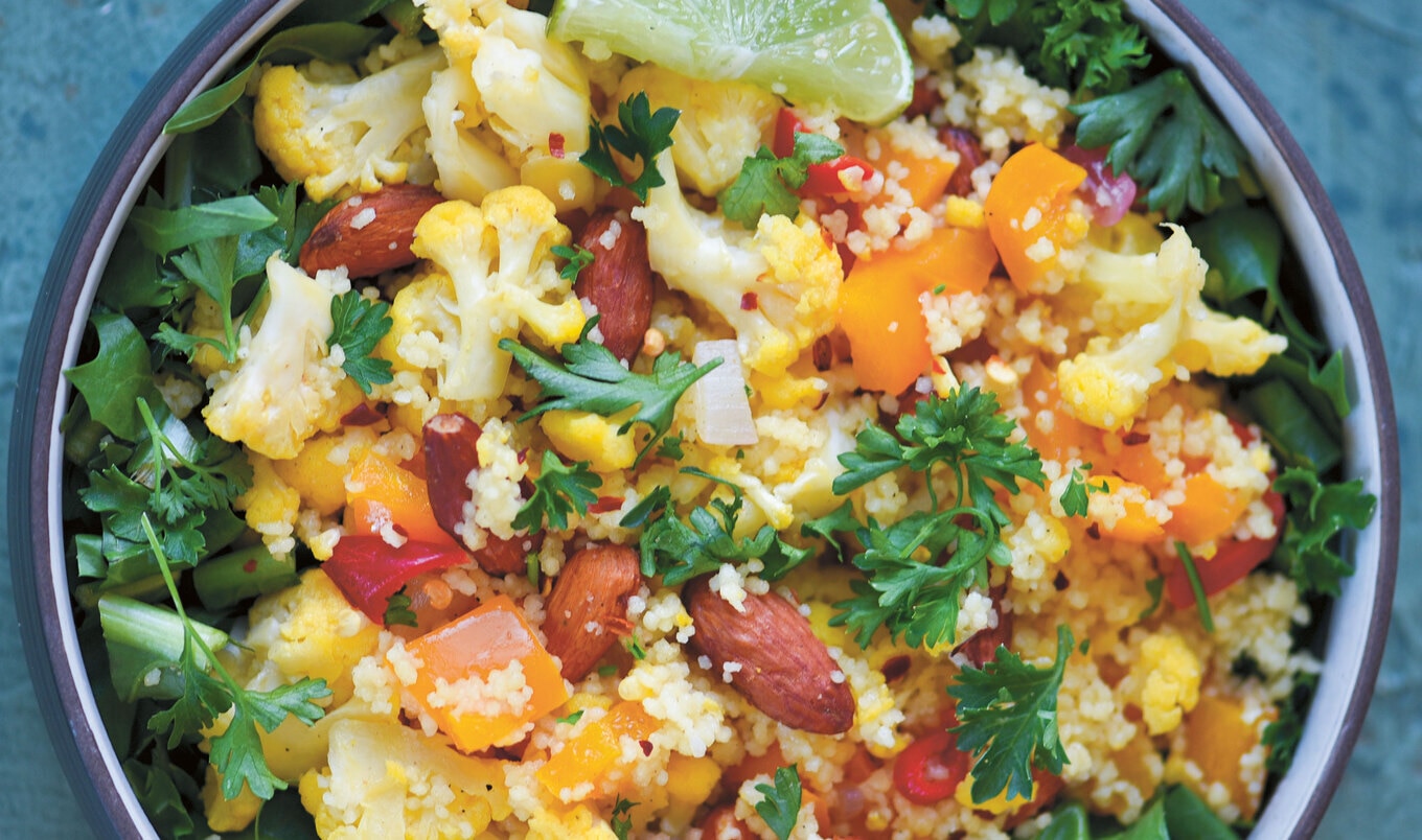 Chili-Lime Cauliflower Bowl With Couscous and Collard Greens