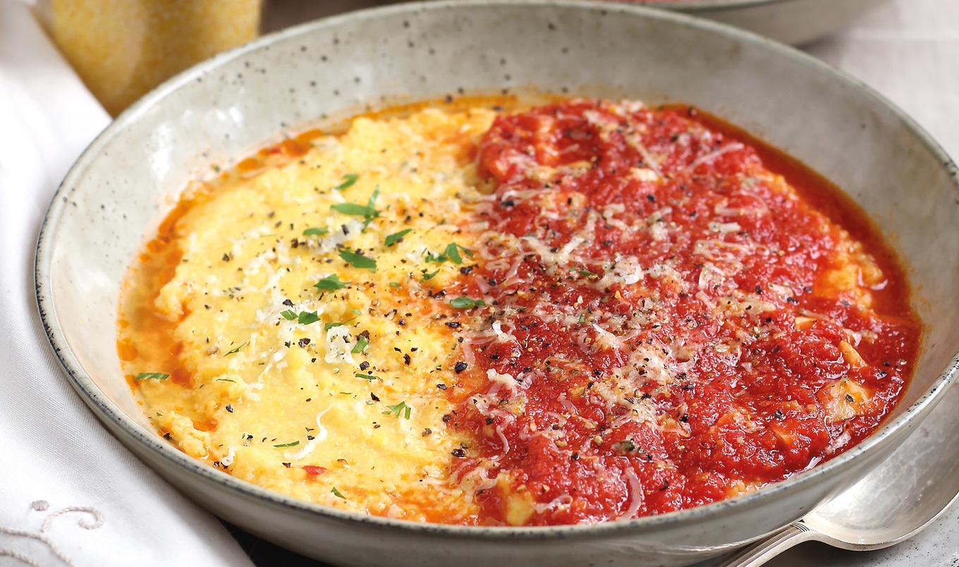 Vegan Italian Soft Polenta With Tomato Sugo Sauce | VegNews