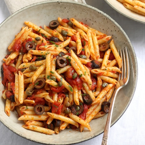 Vegan Penne Puttanesca With Salty Olives and Capers