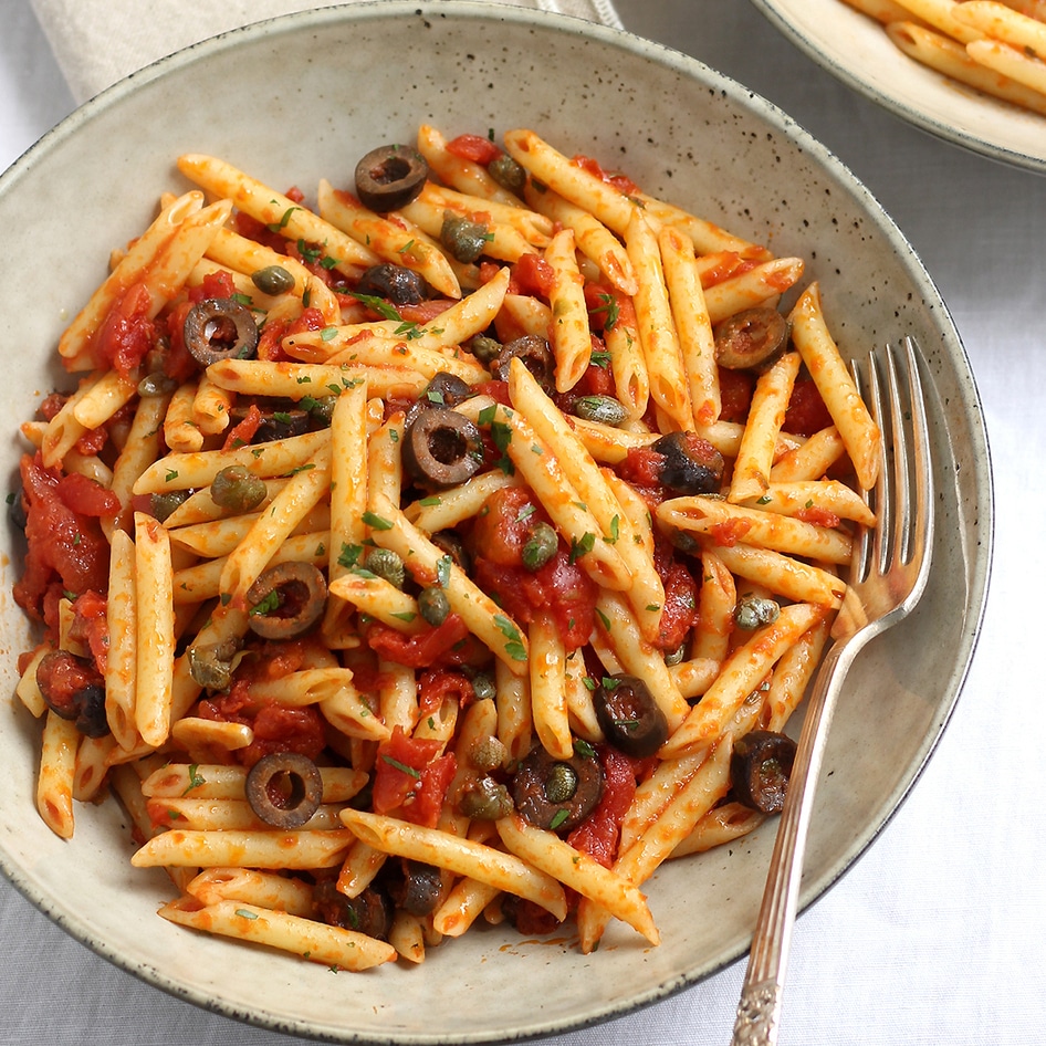 Vegan Penne Puttanesca With Salty Olives and Capers