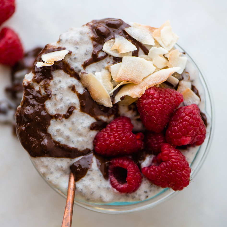 Banana Tahini Chia Pudding With Peanut Butter Chocolate Sauce