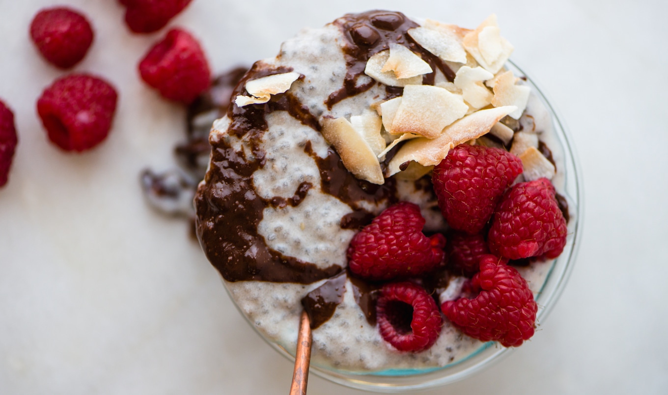 Vegan Banana Tahini Chia Pudding With Peanut Butter Chocolate Sauce