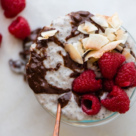 Vegan Banana Tahini Chia Pudding With Peanut Butter Chocolate Sauce