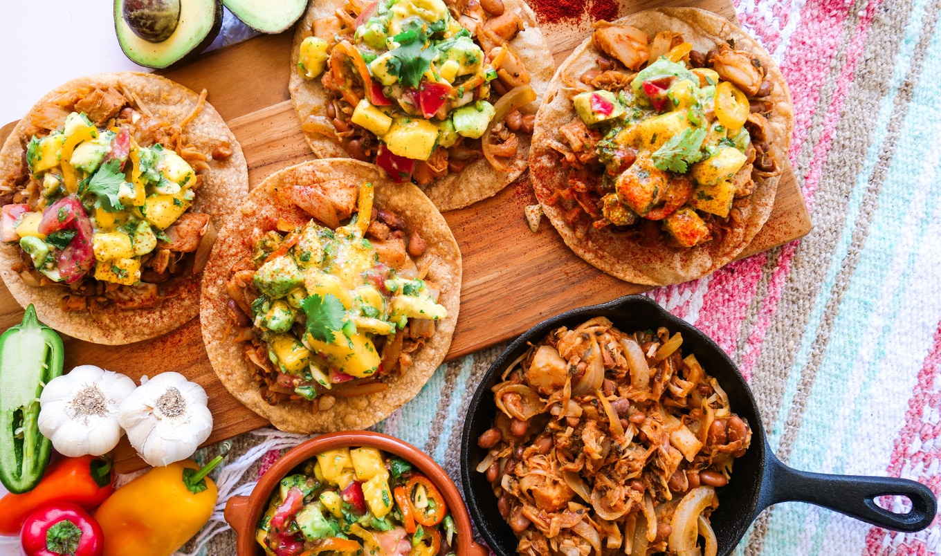 Vegan Chili Jackfruit Tostadas With Mango-Avocado Salsa