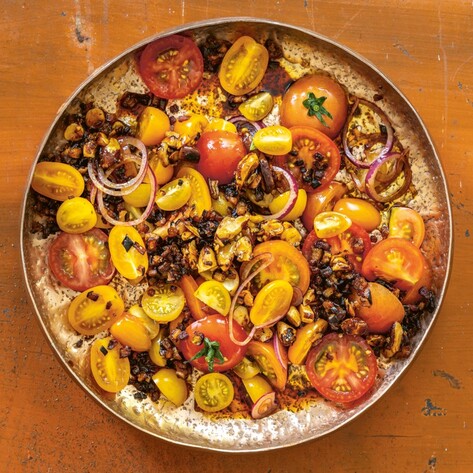 Vegan Heirloom Tomato Salad With Smoky Eggplant Bacon and Garlicky Brazil Nuts