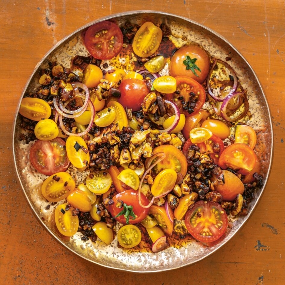 Vegan Heirloom Tomato Salad With Smoky Eggplant Bacon and Garlicky Brazil Nuts