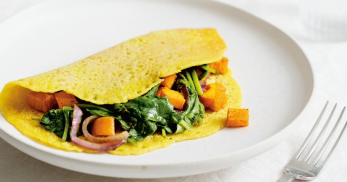 Vegan Chickpea Omelet With Curried Sweet Potato and Spinach