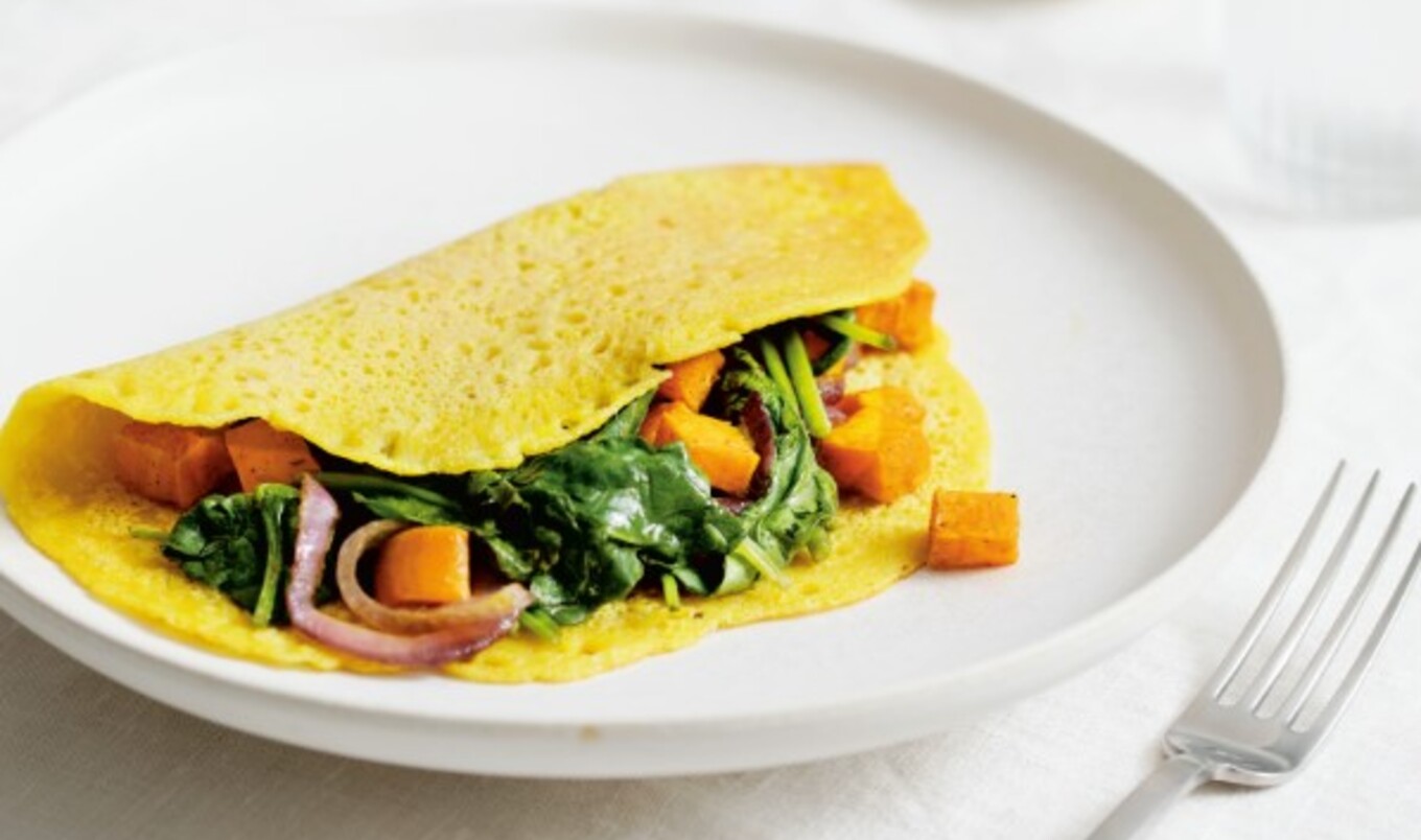 Vegan Chickpea Omelet With Curried Sweet Potato and Spinach