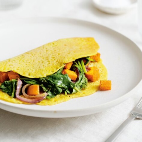 Vegan Chickpea Omelet With Curried Sweet Potato and Spinach