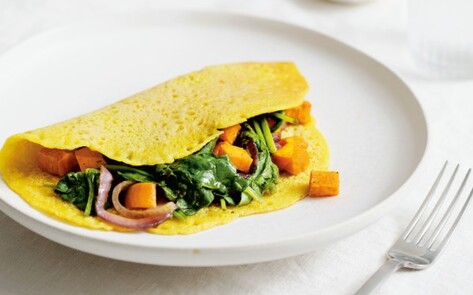 Vegan Chickpea Omelet With Curried Sweet Potato and Spinach