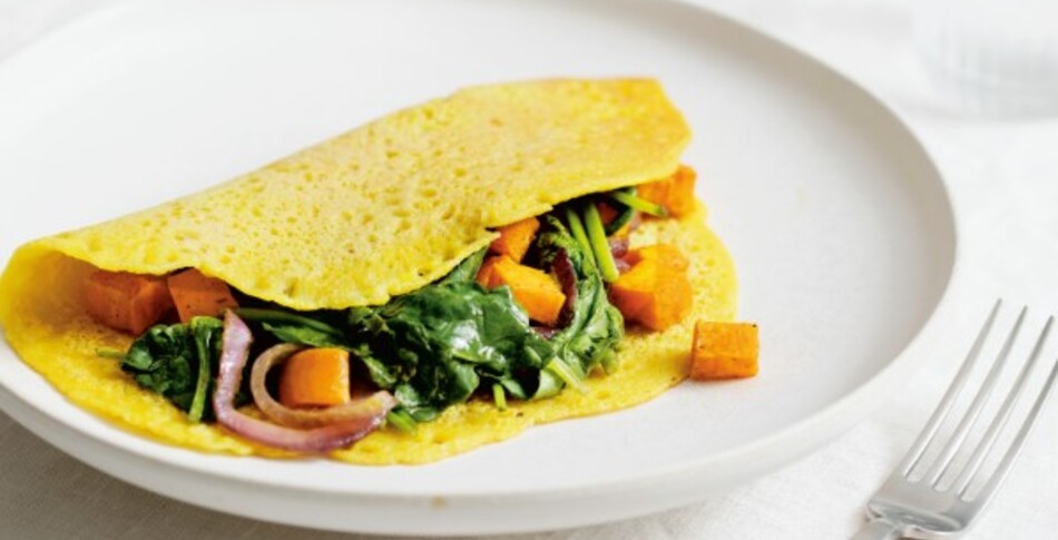 Vegan Chickpea Omelette With Curried Sweet Potato and Spinach